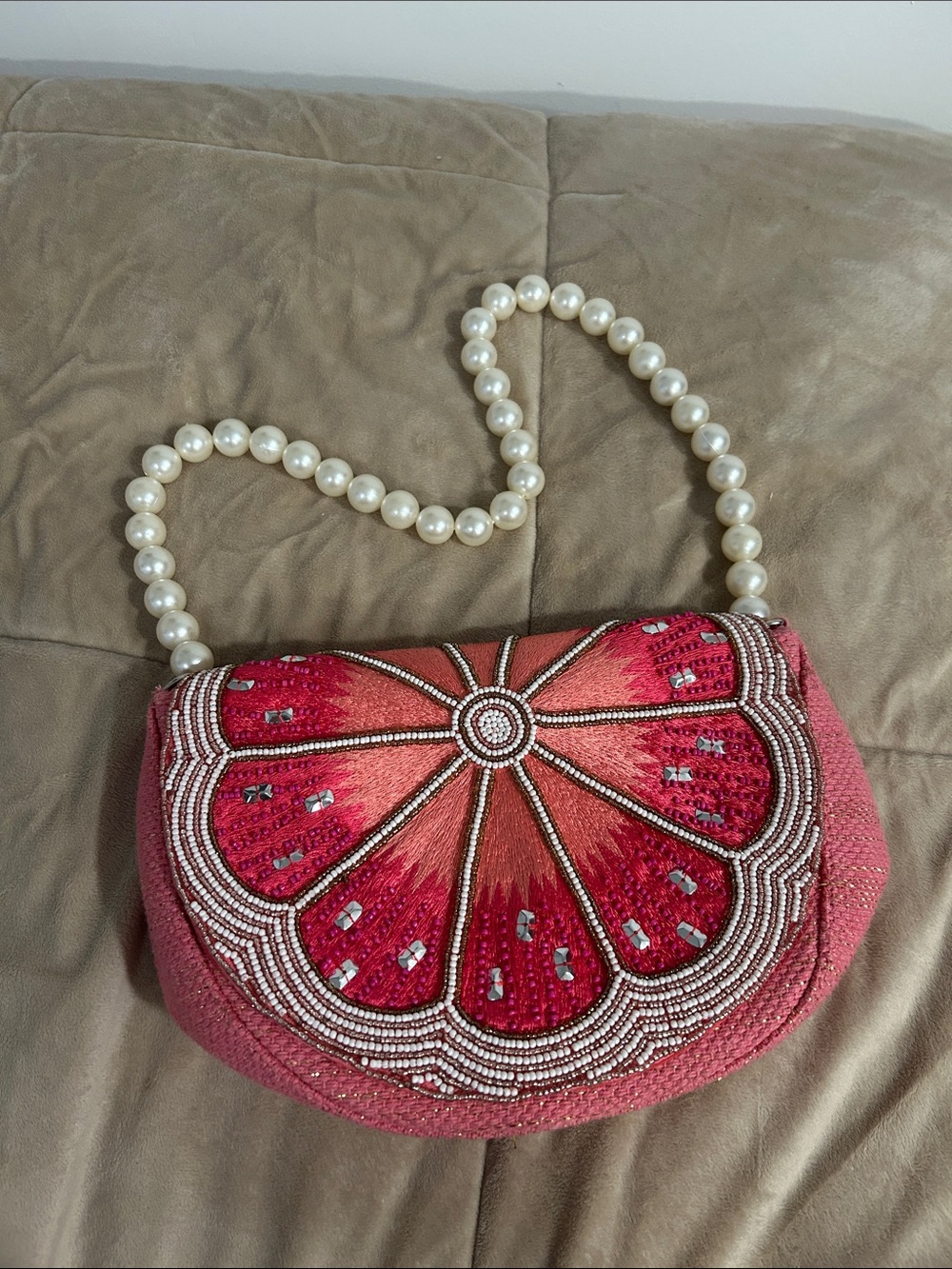 Elegant Grapefruit Beaded Handbag with Faux Pearl Strap